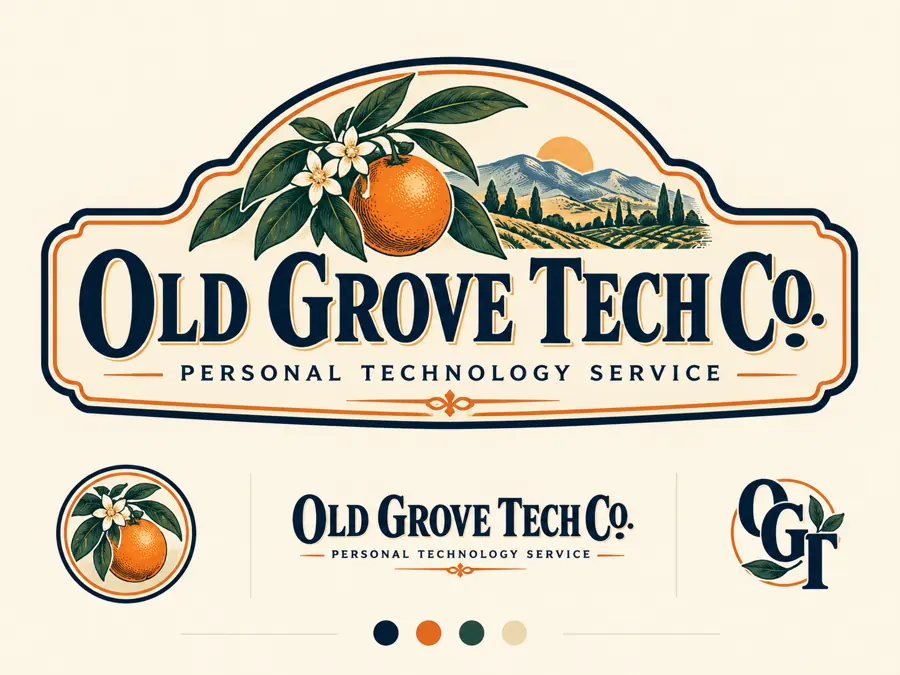 Vintage California citrus-inspired Old Grove brand illustration and logo elements