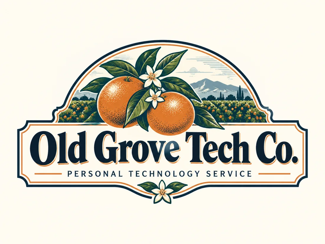 Old Grove Tech Co. citrus-crate inspired illustration featuring California orange groves and classic lettering